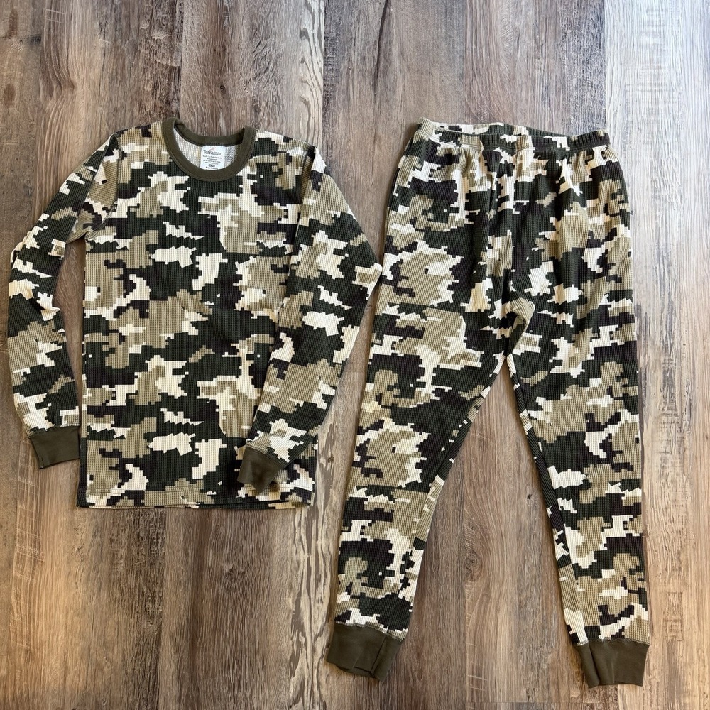 Terramar Base Layer Set Youth XL Camo Pattern Green Brown Cream